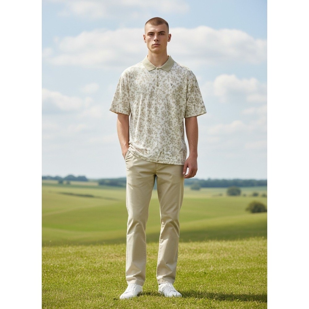 Callaway Golf Sport DrySport Men Large Tan Cream Botanical Leaf Print Polo Shirt